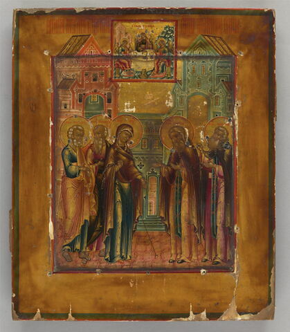 L'Apparition de la Vierge accompagnée des saints apôtres Pierre et Jean, à saint Serge de Radonège (1322-1392) et à son disciple Nikon, image 1/3