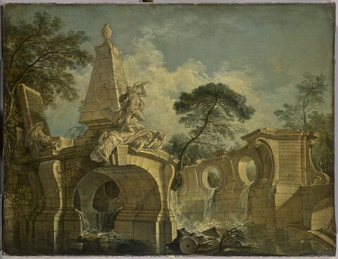 Paysage avec architectures de fantaisie, dit aussi Fontaine décorative avec une statue d'Hercule, image 1/3