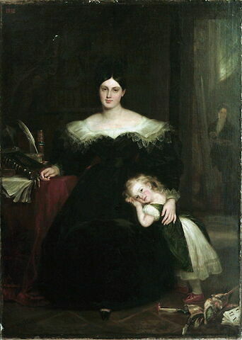 Portrait de Louise Belloc, épouse de l'artiste, et de sa fille Adélaïde ; en arrière-plan, l'autoportrait de l'artiste., image 2/3