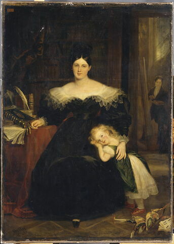 Portrait de Louise Belloc, épouse de l'artiste, et de sa fille Adélaïde ; en arrière-plan, l'autoportrait de l'artiste., image 3/3