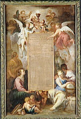 Anges et figures allégoriques des Arts et des Sciences présentant la thèse du brugeois Johannes de Vos, image 2/2