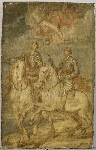 Maurice (1567-1625) et son demi-frère Frédéric-Henri de Nassau (1584-1647) à la bataille de Nieuwpoort en 1600. Un génie ailé les couronne du signe de la victoire, image 1/3