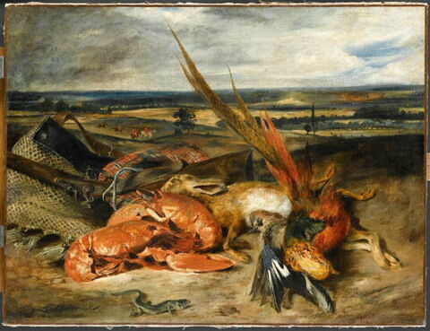 Tableau de nature morte, dit Nature morte au homard et trophées de chasse et de pêche, image 2/3