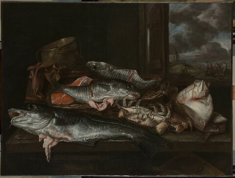 Nature morte aux poissons, avec bord de mer et pêcheurs à l'arrière-plan, image 1/4
