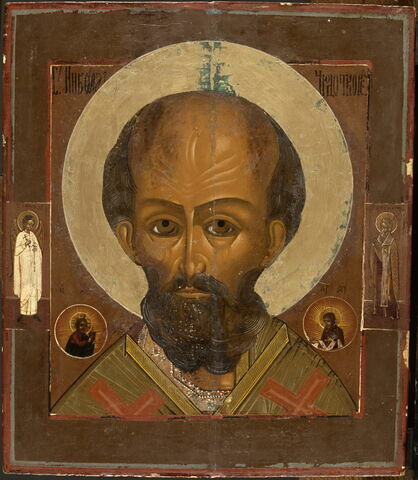 Saint Nicolas thaumaturge, encadré de deux médaillons contenant les figures 	du Christ (à gauche) et de la Vierge (à droite) ; sur les bords,à mi-auteur, en pied, l’Ange gardien (à gauche) et le saint évêque Euthyme (à droite)., image 2/2