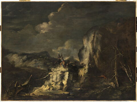 Paysage rocheux avec un chasseur et des guerriers