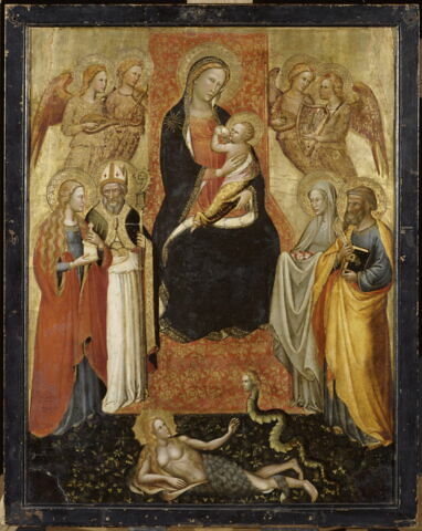 La Vierge et l'Enfant entourés de quatre anges et quatre saints (à gauche, sainte Marie-Madeleine et saint Nicolas de Bari, à droite sainte Élisabeth de Hongrie et saint Pierre) ; au premier plan, Ève couchée avec le serpent., image 4/4