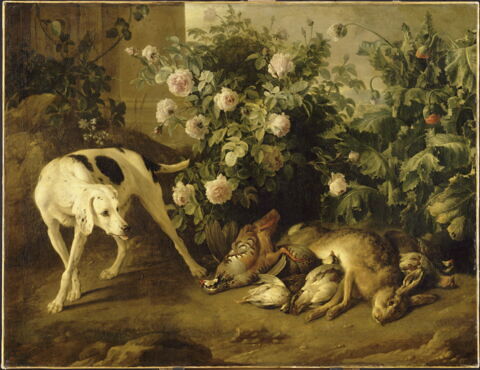 Chien gardant du gibier auprès d'un buisson de roses., image 3/4