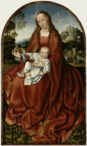 La Vierge à l'Enfant assise sur un muret, sur fond de paysage