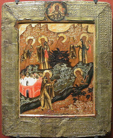 Scènes de la vie de saint Zosime et de sainte Marie l’Égyptienne :
dans la partie inférieure, à côté du monastère de Zosime situé en bordure du Jourdain, la rencontre au désert du moine âgé et de Marie l’Égyptienne ; au-dessus, de droite à gauche, le don par Zosime de son manteau pour cacher la nudité de la pénitente, puis la communion de sainte Marie l’Égyptienne., image 3/3
