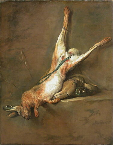 Lièvre mort avec poire à poudre et gibecière., image 3/5