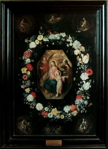 La Sainte Famille entourée d'une guirlande de fleurs, avec les quatre Evangélistes aux angles, image 2/2
