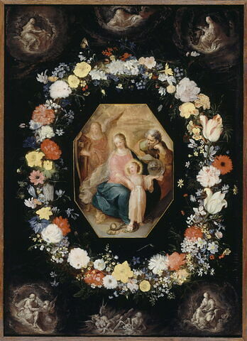 La Sainte Famille entourée d'une guirlande de fleurs, avec les quatre Evangélistes aux angles, image 1/2