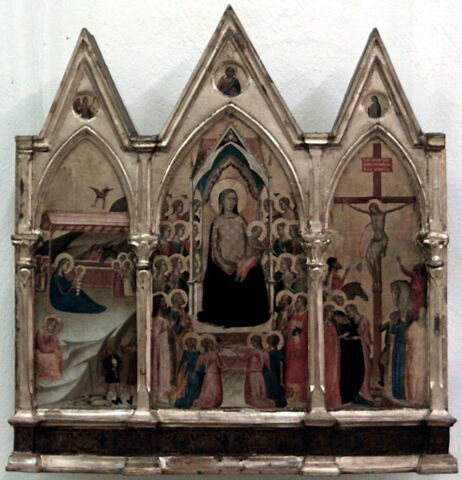 Triptyque fixe : au centre, La Vierge et l'Enfant entourés de vingt anges et de quatre saints (Jean Baptiste et Pierre d'une part, Paul et Laurent [?] de l'autre); à gauche, La Nativité ; à droite, La Crucifixion ; à l'intérieur des gâbles, médaillons polylobés contenant l'Ange de l'Annonciation, Dieu le Père, la Vierge de l'Annonciation, image 4/4