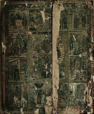 La Résurrection du Christ : au centre, le Christ apparaissant au-dessus du tombeau et la Descente aux limbes (Anastasis). En pourtour, douze des principales fêtes de l’année liturgique. De haut en bas et de gauche à droite : la Sainte Trinité, la Naissance de la Vierge, la Présentation de la Vierge au Temple, l’Annonciation, la Nativité du Christ, le Baptême du Christ, la Présentation du Christ au Temple, la Transfiguration	, l’Entrée du Christ à Jérusaleml’Ascension du Christ, la Dormition de la Vierge, l’Exaltation de la Sainte Croix., image 2/2