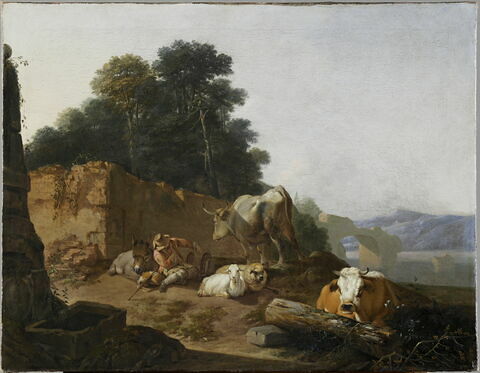 Paysage avec berger et bestiaux auprès d'un pont en ruine, image 1/1