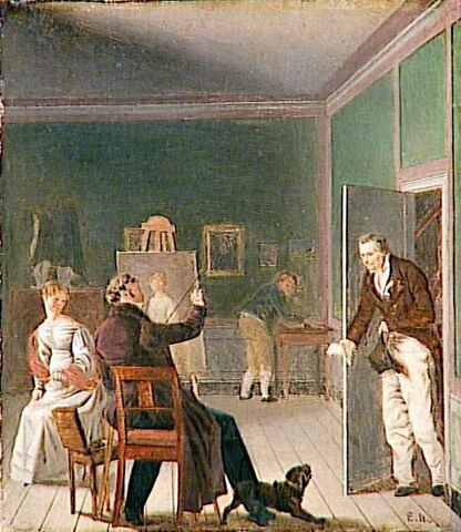 Un peintre dérangé dans son travail, ou Jens Peter Tønder (1773 -1836), homme de lettres danois, visitant l’atelier d’un peintre pour vendre sa gazette, image 2/2