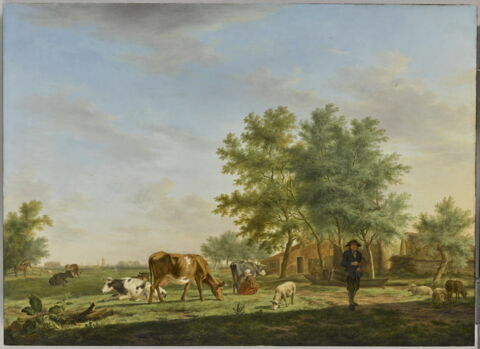 Vue des environs de Leyde, avec ferme et animaux au pâturage