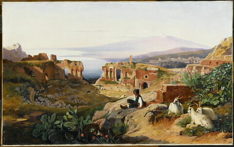 Vue de Taormine en Sicile avec l'Etna dans le lointain