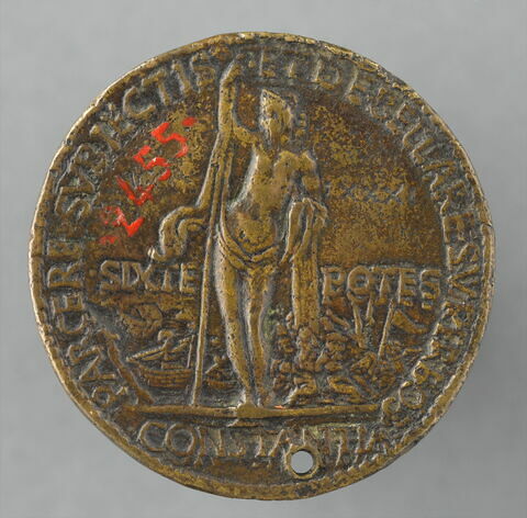 Médaille : Sixte IV regardant à gauche, coiffé de la tiare / la Constance, des turcs captifs, navires, image 2/2