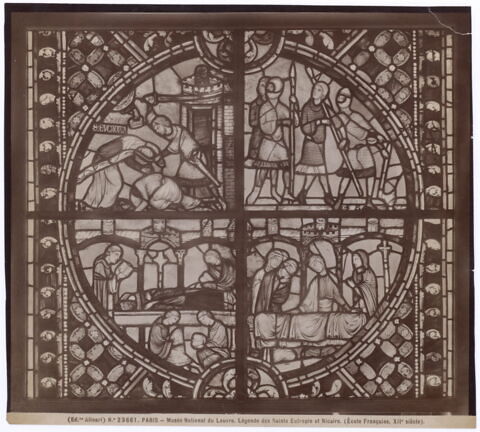 Vitrail, médaillon supérieur : scènes de l'histoire de saint Nicaise avec martyre de sainte Eutropie, départ des soldats vandales, veillée des corps des deux saints, image 6/6