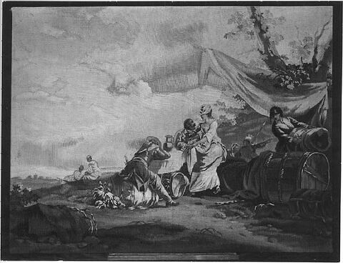 Tableau en tapisserie : La tente du vivandier, sujet tiré de la tenture des convois militaires, image 2/2