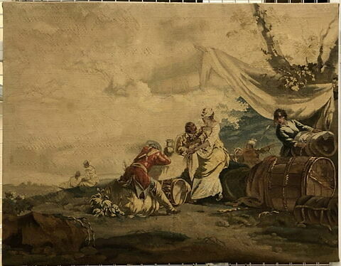 Tableau en tapisserie : La tente du vivandier, sujet tiré de la tenture des convois militaires, image 1/2