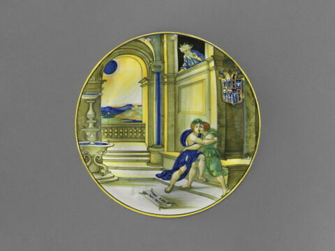 Assiette : Abimélech épiant Isaac et Rébecca