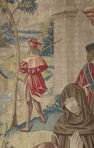 Tapisserie : Légende de saint Julien, il ressuscite un enfant lors d'une procession mortuaire ?, image 5/9