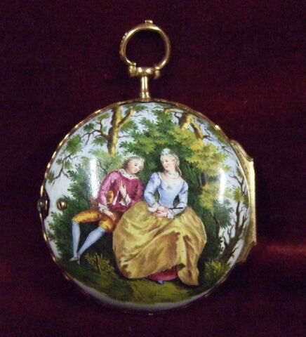 Montre ronde ornée d'une conversation de galante