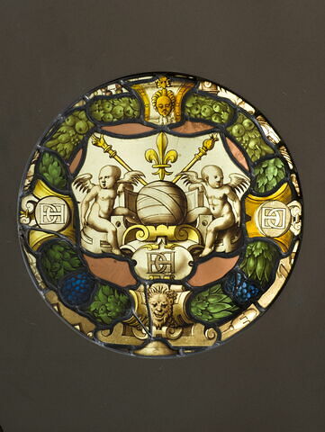 Rondel polychrome au chiffre et aux emblèmes d'Henri II, exécuté pour le château d'Écouen
