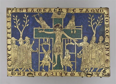 Reliquaire en forme d'autel portatif en émaux d'Hildesheim : Mise en croix 