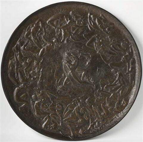 Grand plat circulaire en bronze ciselé : L'Enfer des Luxurieux., image 1/3