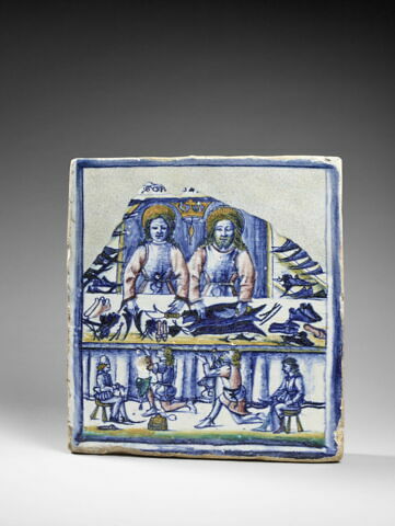 Plaque rectangulaire : saint Crépin et saint Crépinien dans leur atelier