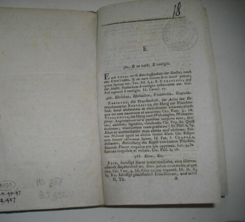 Livre d'études en langue allemande ayant appartenu au duc de Reichstadt : Versuch einer allgemeinen lateinischen Synonymik in einem Handwörterbuch der synonymischen Wörter der classisch-lateinischen Sprache, II, Vienne, 1814.