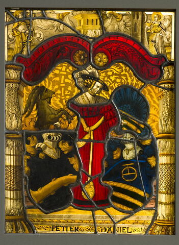 Panneaux rectangulaire aux armes de Peter Tammann et de Barbe von Fleckenstein
Dans les angles supérieurs : saint Pierre et sainte Barbe