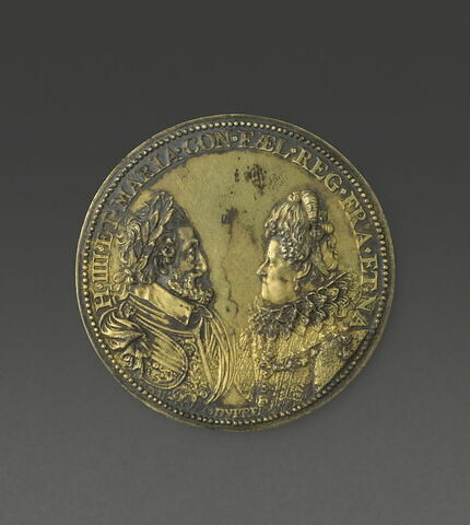Médaille : Profils affrontés d'Henri IV et Marie de Médicis / armes de Navarre, image 1/2