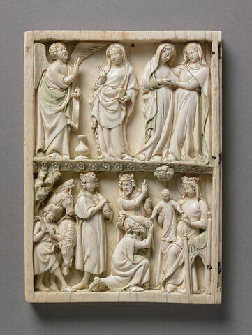 Feuillet gauche d'un diptyque à rosettes sans arcature et à deux registres : Annonciation, Visitation ; Adoration des Mages, image 1/2