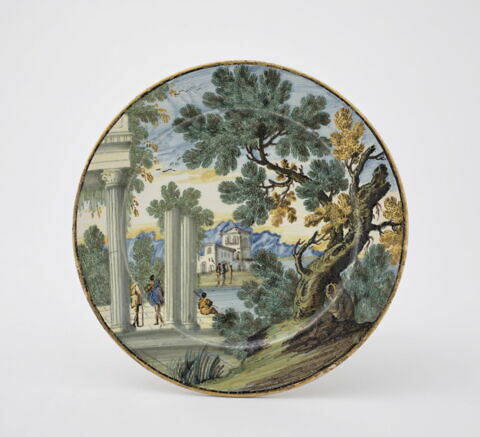 Assiette : paysage avec les ruines d'un temple
