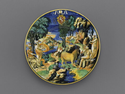 Plat rond : armoiries de Giacomo Nordi, évêque d'Urbino : Mercure et Argus