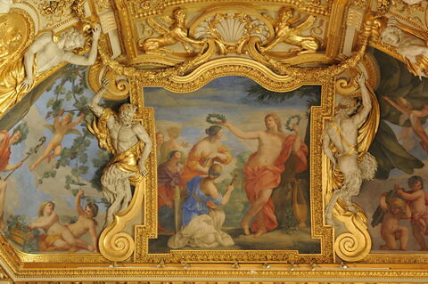 Plafond : Salle des Saisons -Apollon et les Muses,  au dessus de la corniche, côté nord,, image 6/8