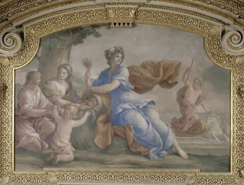 Plafond : Salon de la paix : La déesse de l'Agriculture encourageant les travaux de la campagne (ou l'Abondance), au dessus de la corniche, côté nord., image 5/6