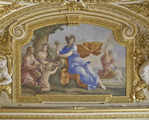 Plafond : Salon de la paix : La déesse de l'Agriculture encourageant les travaux de la campagne (ou l'Abondance), au dessus de la corniche, côté nord., image 2/6