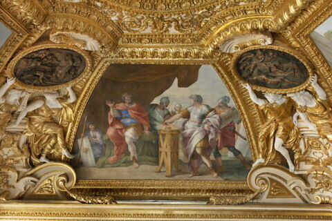 Plafond : Salle de Septime Sévère - Mucius Scaevola, au dessus de la corniche, côté sud., image 3/6