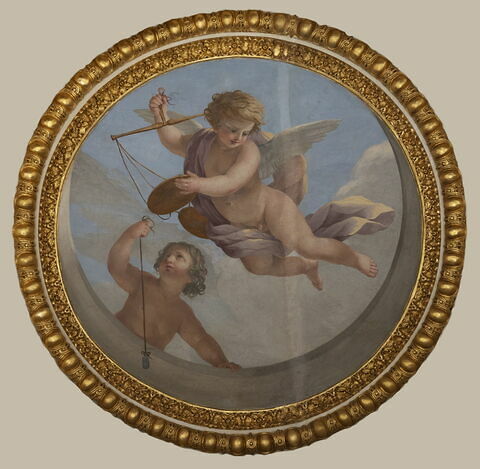Plafond : Salle des Antonins - Les Génies de la Justice (deux Amours dont l'un tient un fil à plomb et l'autre une balance), sur la voûte, côté est au centre., image 1/4