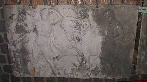 Tirage d'une plaque de la frise nord du Parthénon représentant trois hommes et un garçon