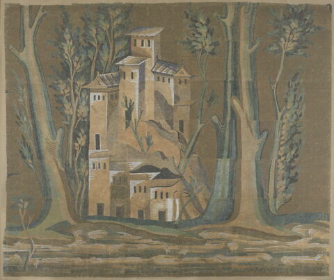 Panneau représentant des édifices et des arbres (Relevé des mosaïques de la grande mosquée de Damas)