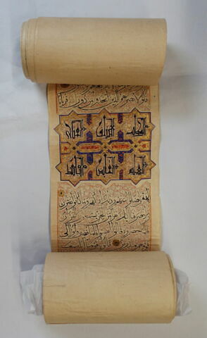 Rouleau coranique : 26e juz' : de la sourate 46 (Al ʾahqaf, al-aḥqāf), verset 1 à la sourate 51 (Ceux qui se déplacent rapidement, al-ḏāriyāt), verset 30, image 6/15