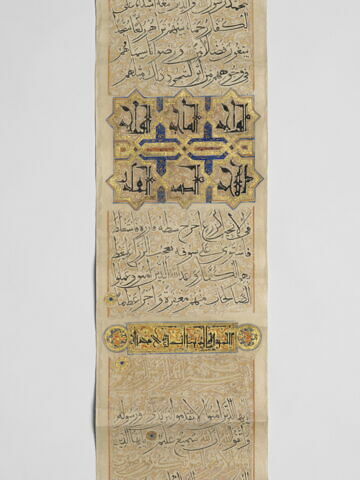 Rouleau coranique : 26e juz' : de la sourate 46 (Al ʾahqaf, al-aḥqāf), verset 1 à la sourate 51 (Ceux qui se déplacent rapidement, al-ḏāriyāt), verset 30, image 3/15