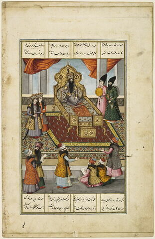 Fath Ali Shah sur son trône, avec deux princes à ses côtés, reçoit un groupe de savants secrétaires capables d'écrire des poèmes à la louange du roi (page d'un "Shahinshahnama")
